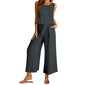 Automet Blue Gray Linen Blend Wide Leg Pant Suit Two Piece Set Size Small